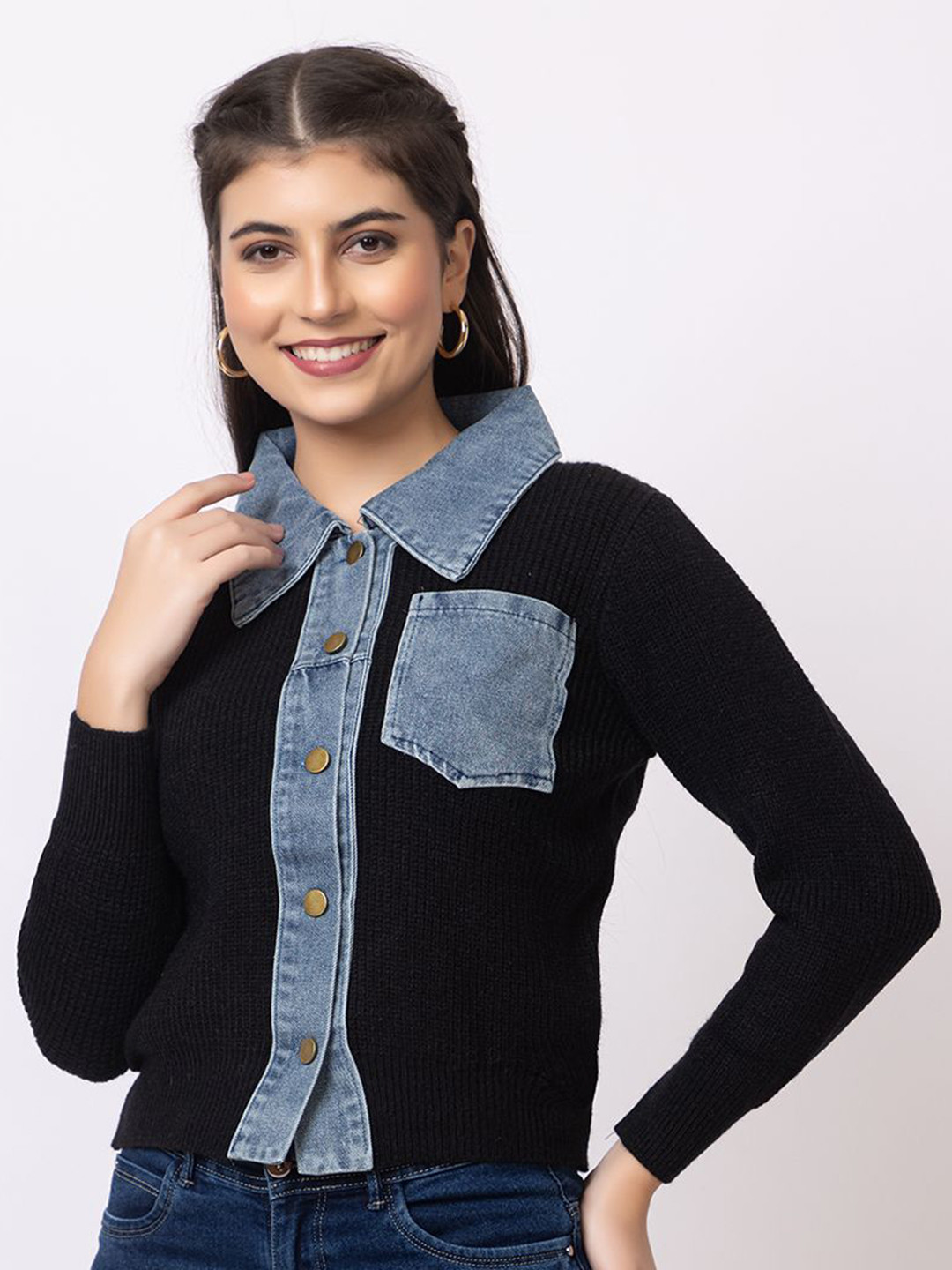 

GFO Women Denim Pleat Woollen Front Open Sweater, Black
