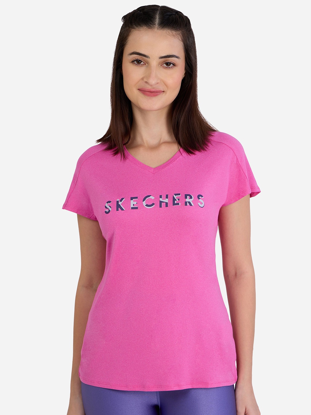 

Skechers Women Typography Printed V-Neck T-shirt, Pink