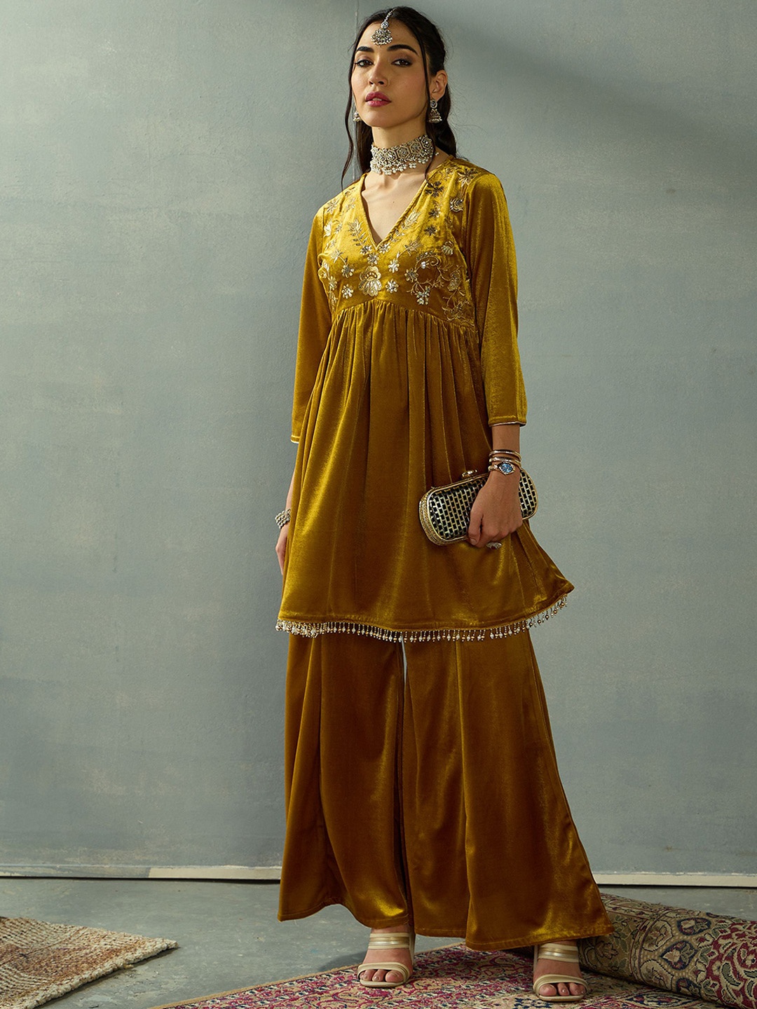 

Shae by SASSAFRAS Women Ethnic Motifs Embroidered Empire Top with Pyjamas, Mustard