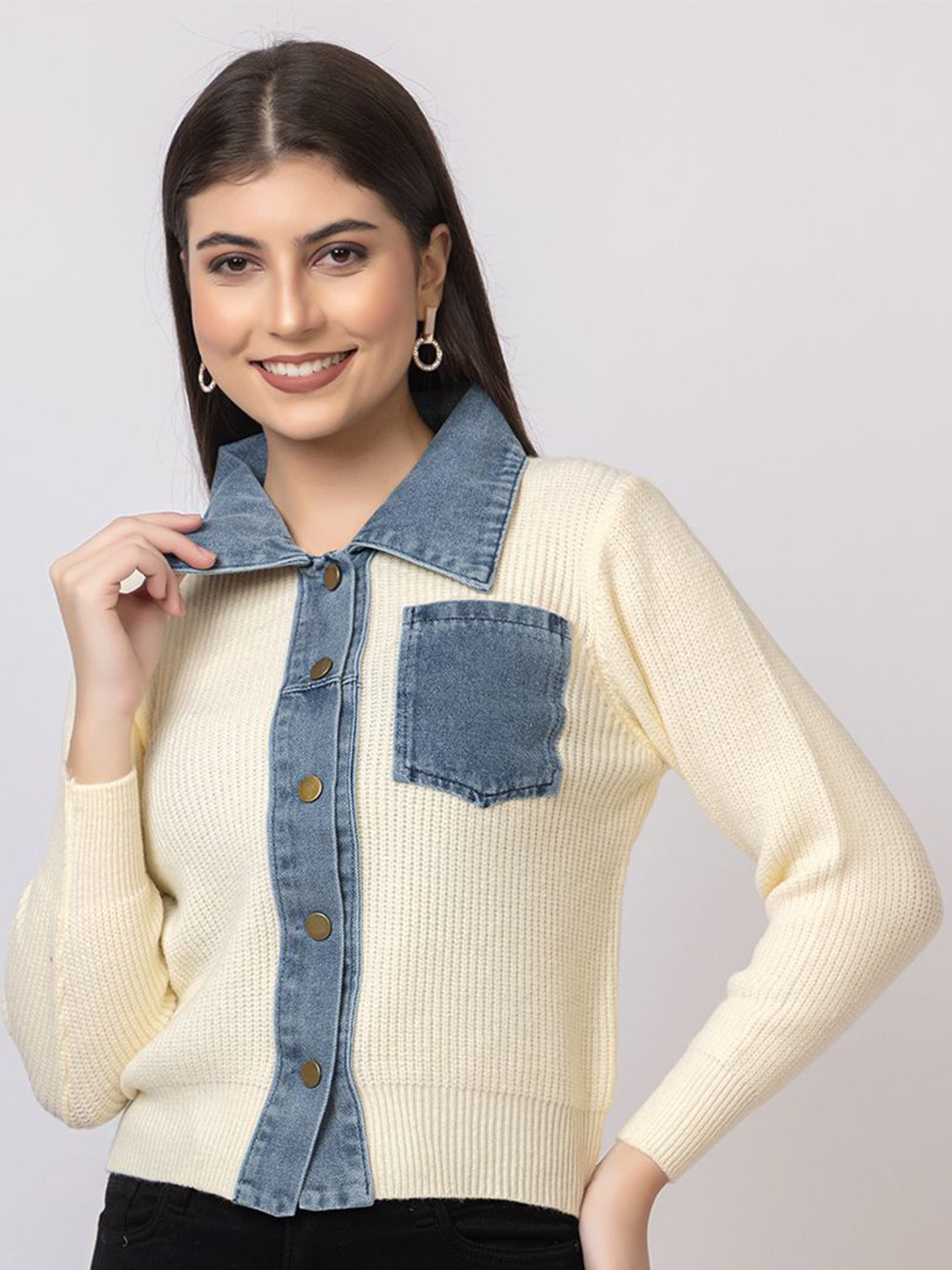 

GFO Women Woollen Solid Shirts type Sweaters, White