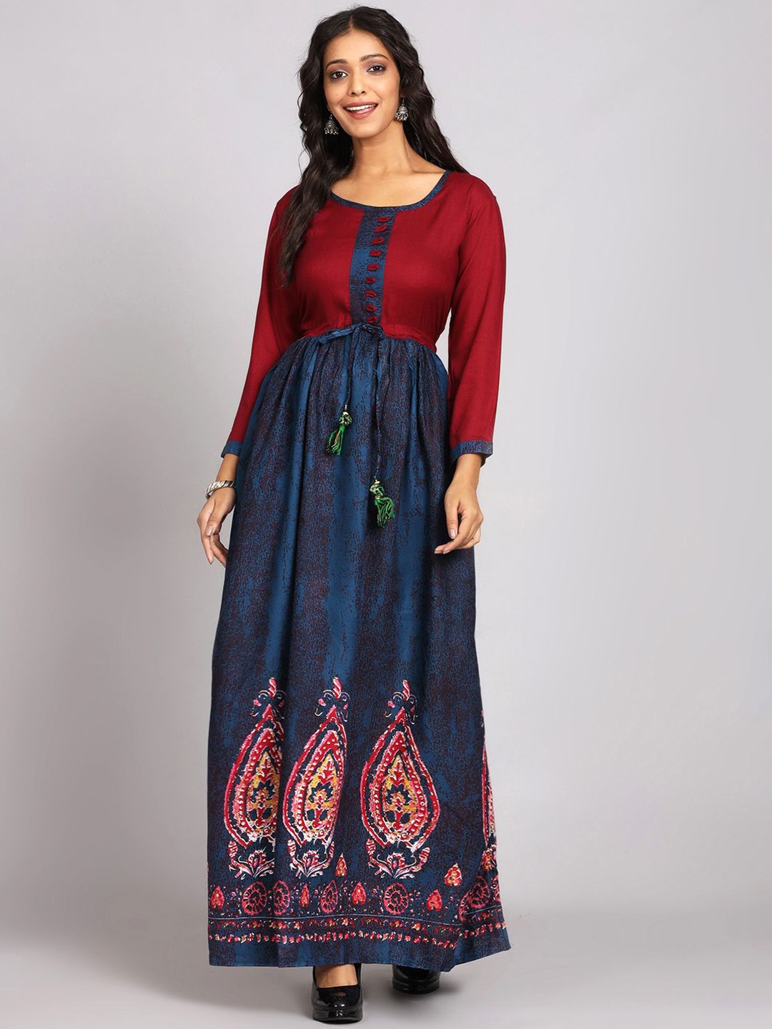 

Chandbaali Women Printed Fit & Flare Maxi Dress, Maroon