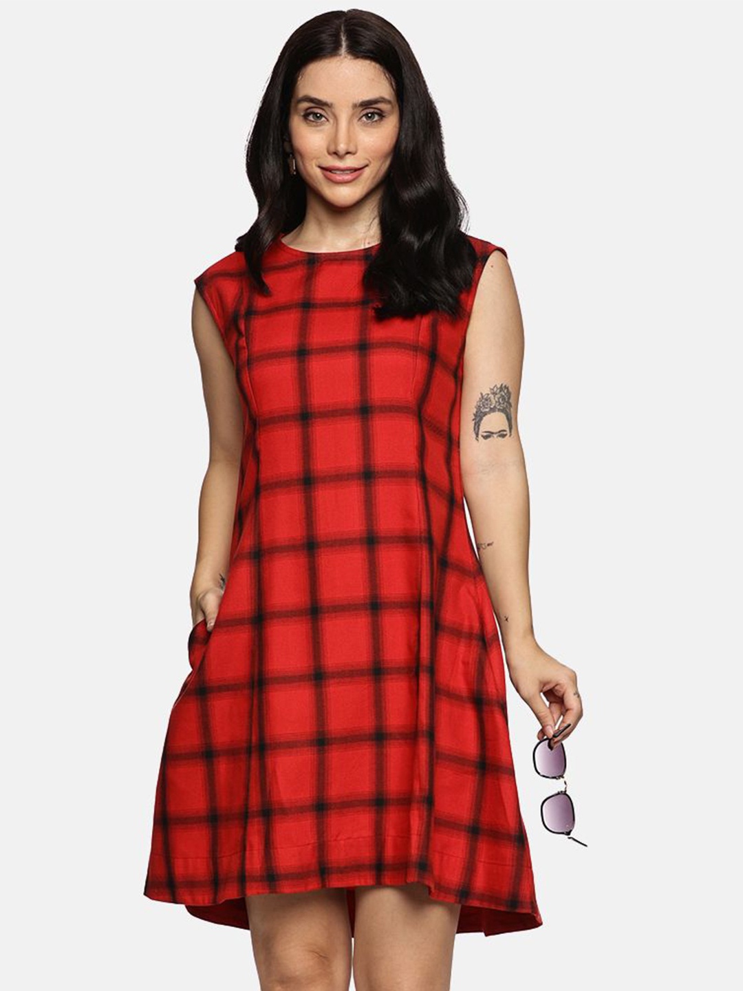 

Indyvarna Women Checked Cotton A-Line Dress, Red