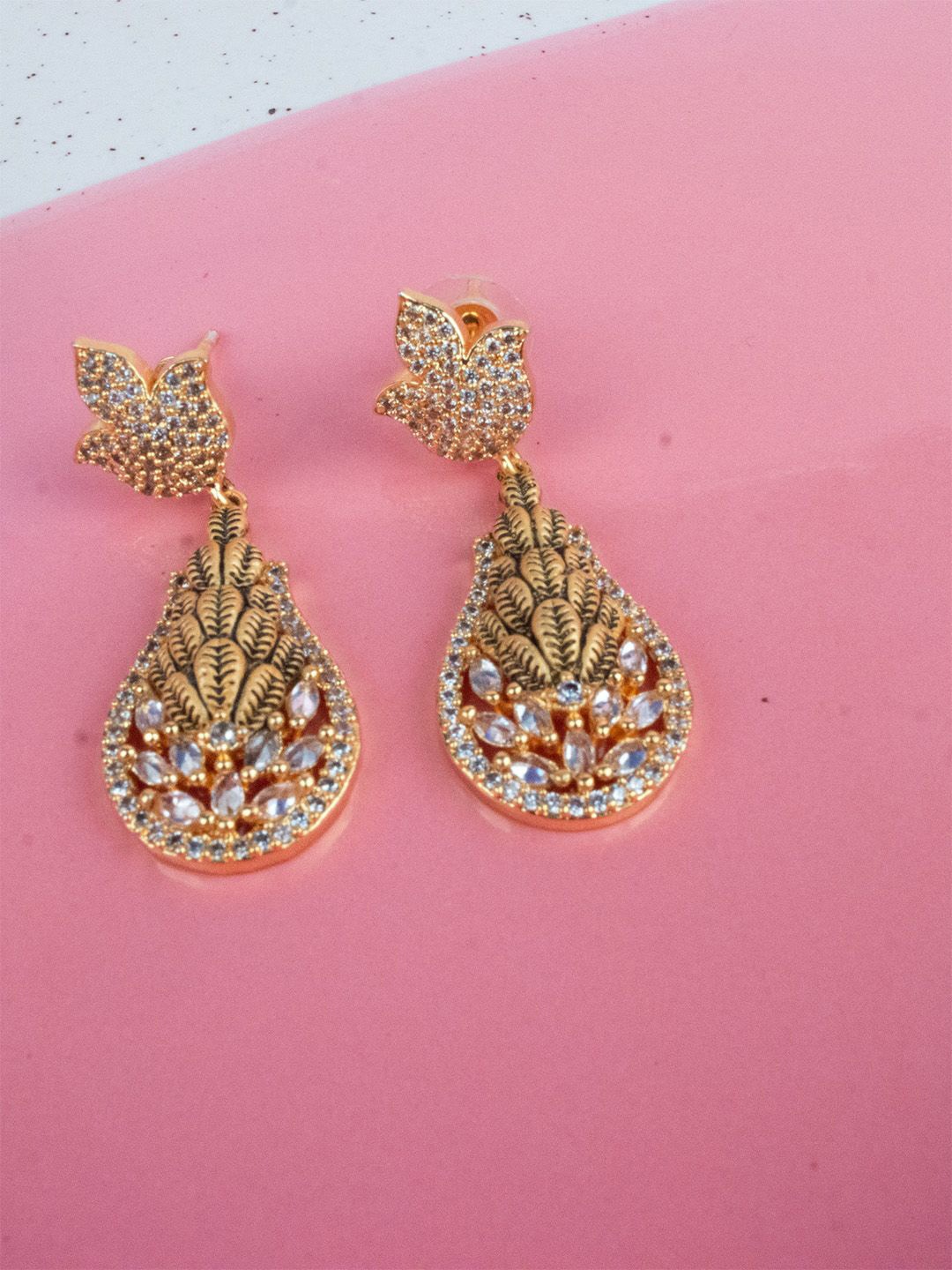 

SHARLEEZ Rhodium-Plated American Diamond Studded Classic Drop Earrings, Gold