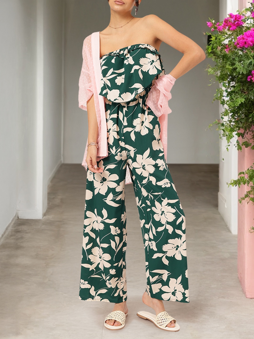 

DressBerry Strapless Serenity Floral Print Layered Bandeau Jumpsuit, Green