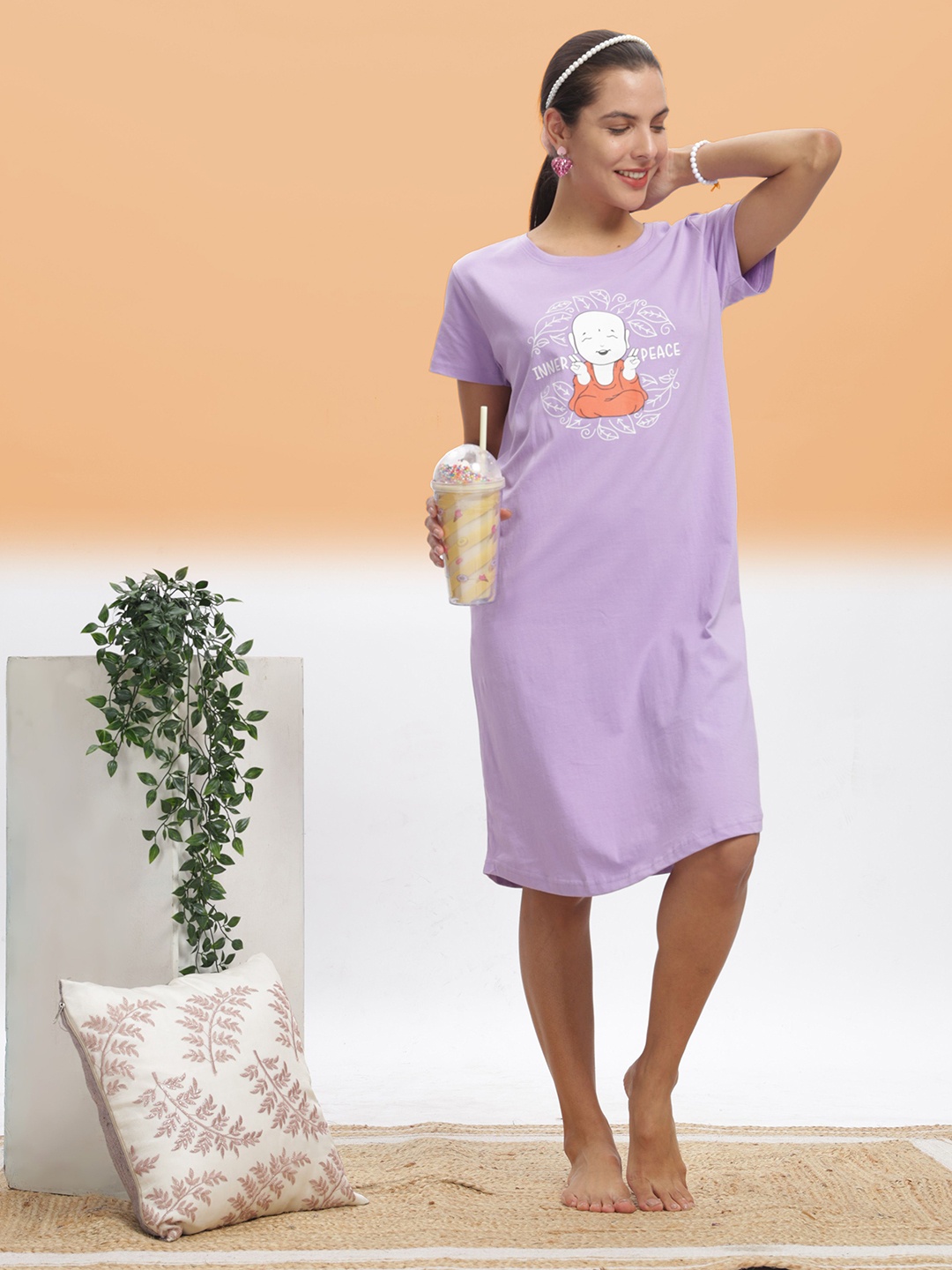 

9shines Label Women Printed Round Neck Pure Cotton Nightdress, Lavender