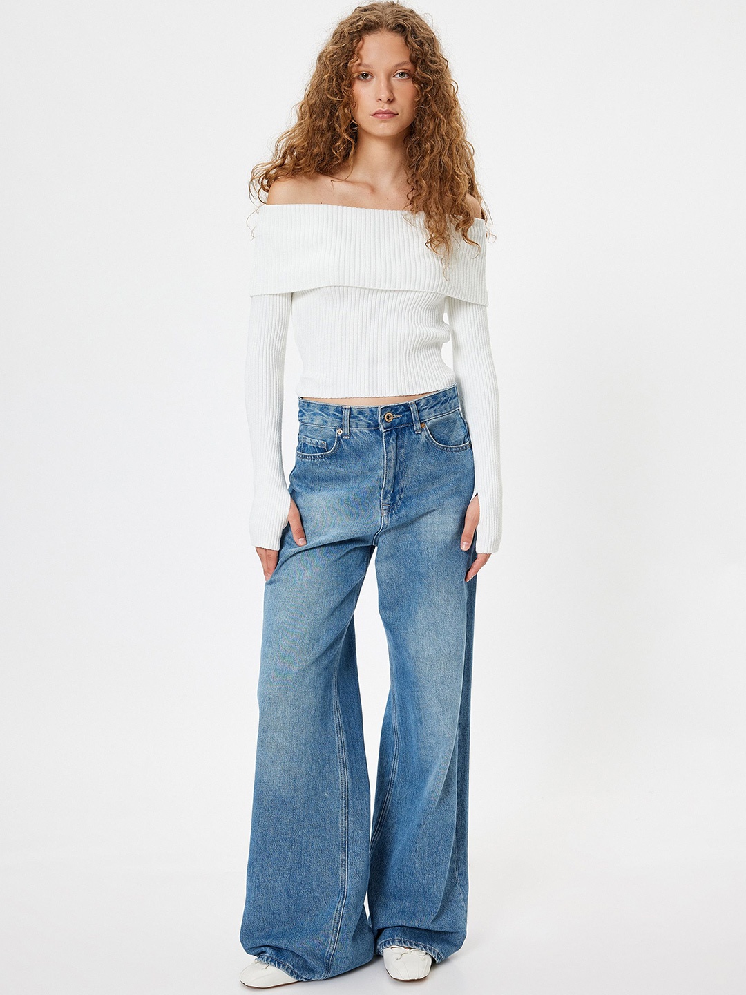 

Koton Women Ribbed Off-Shoulder Crop Pullover, White