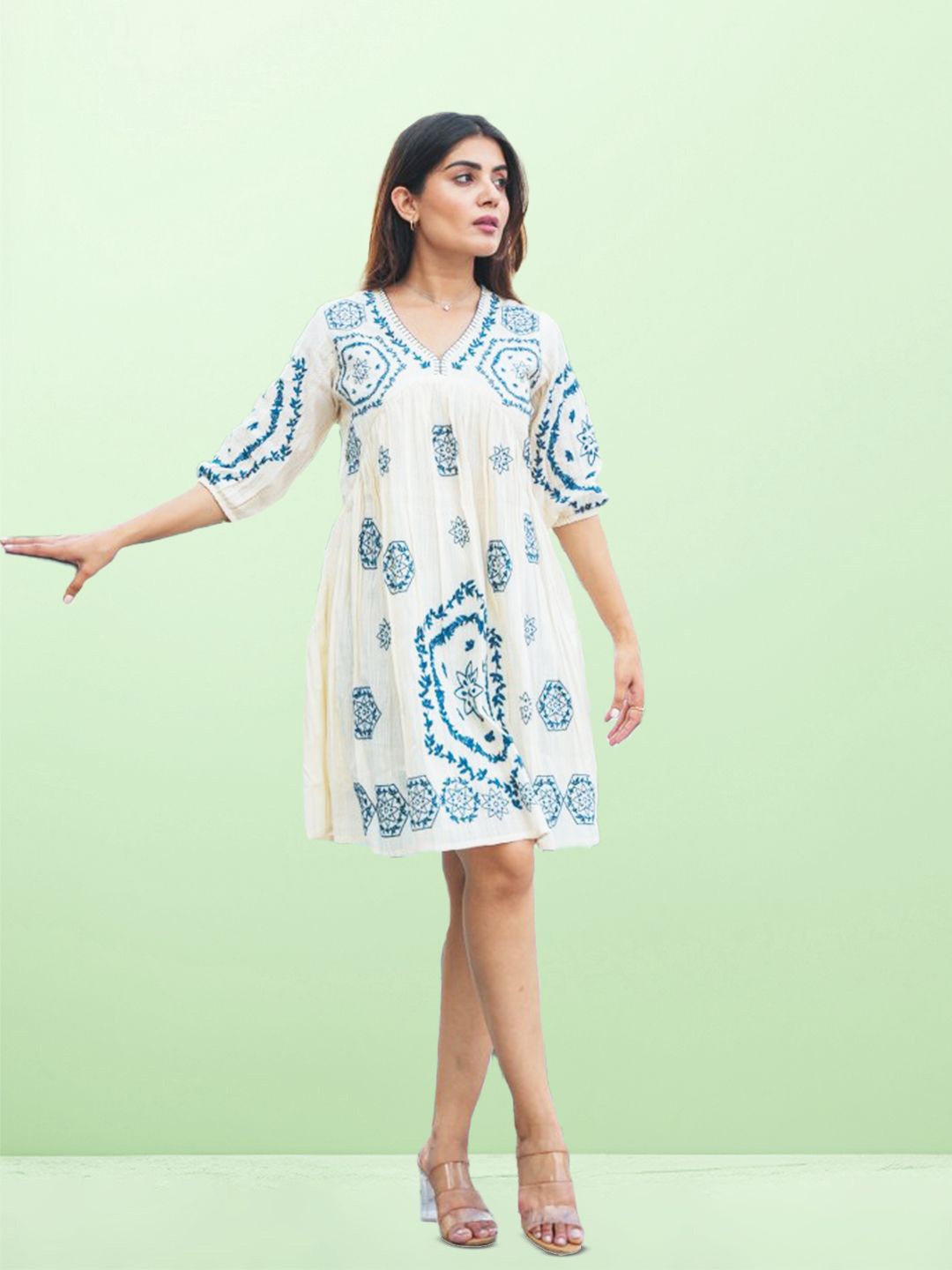 

CUSTARD Embroidered Puff Sleeve Fit & Flare Dress, Off white