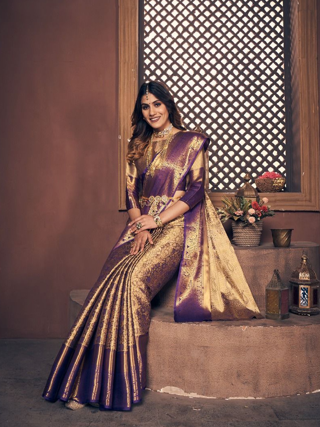 

DrapeMall Woven Design Zari Kanjeevaram Saree, Purple