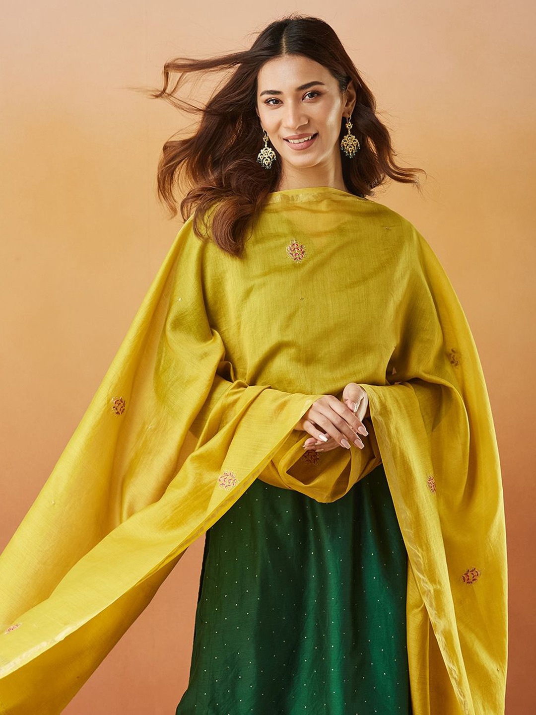 

Fabindia Ethnic Motifs Embroidered Cotton Silk Dupatta, Yellow
