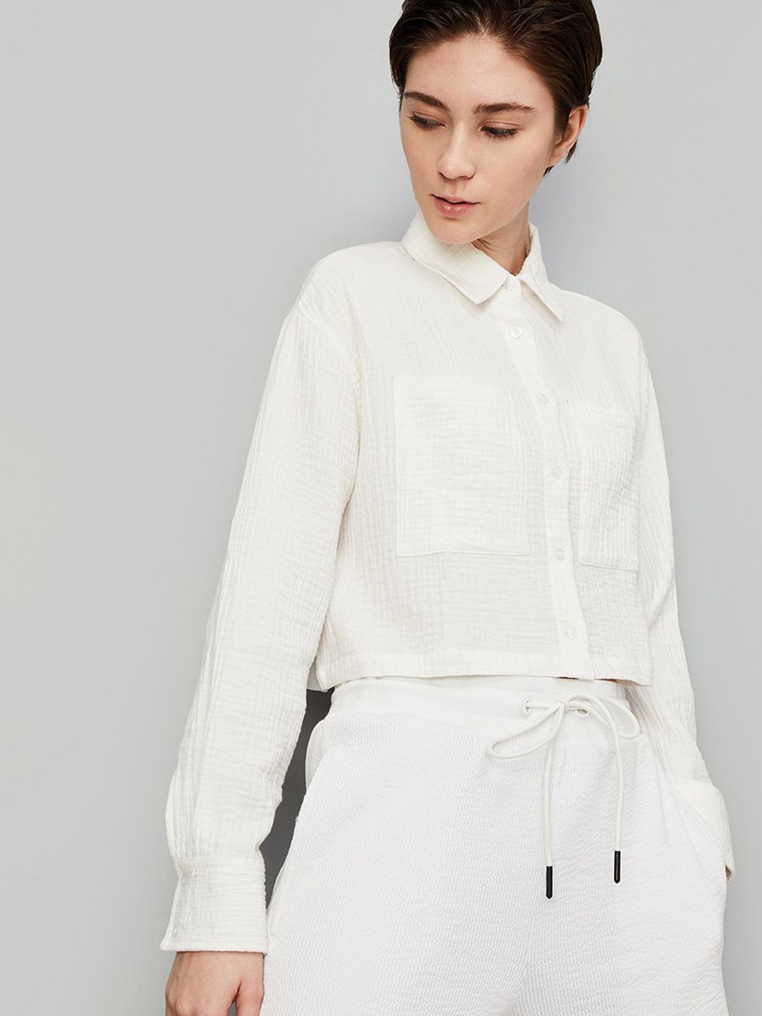 

max Women Spread Collar Textured Cotton Casual Shirt, White