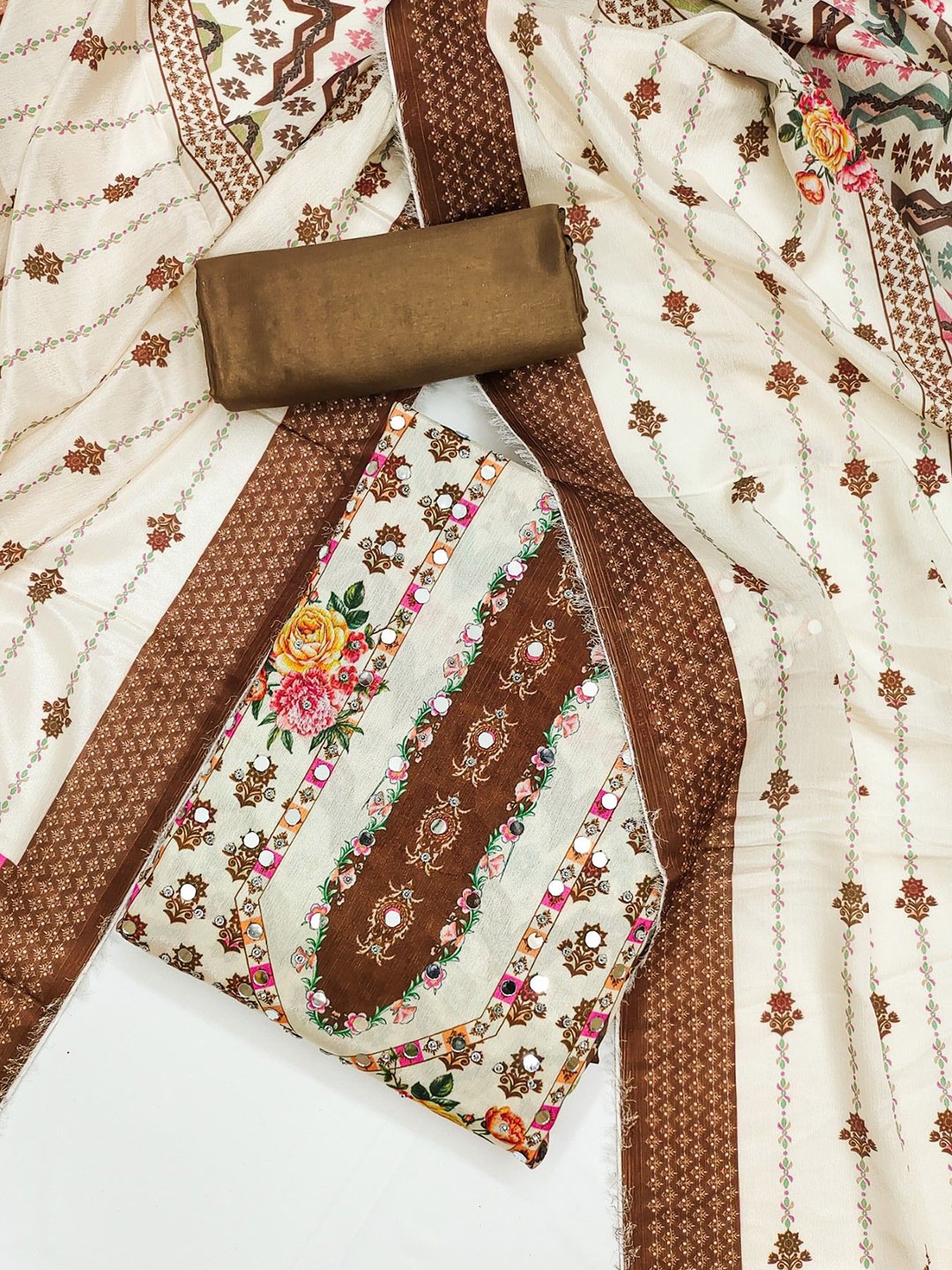 

KALINI Printed Unstitched Dress Material, Brown