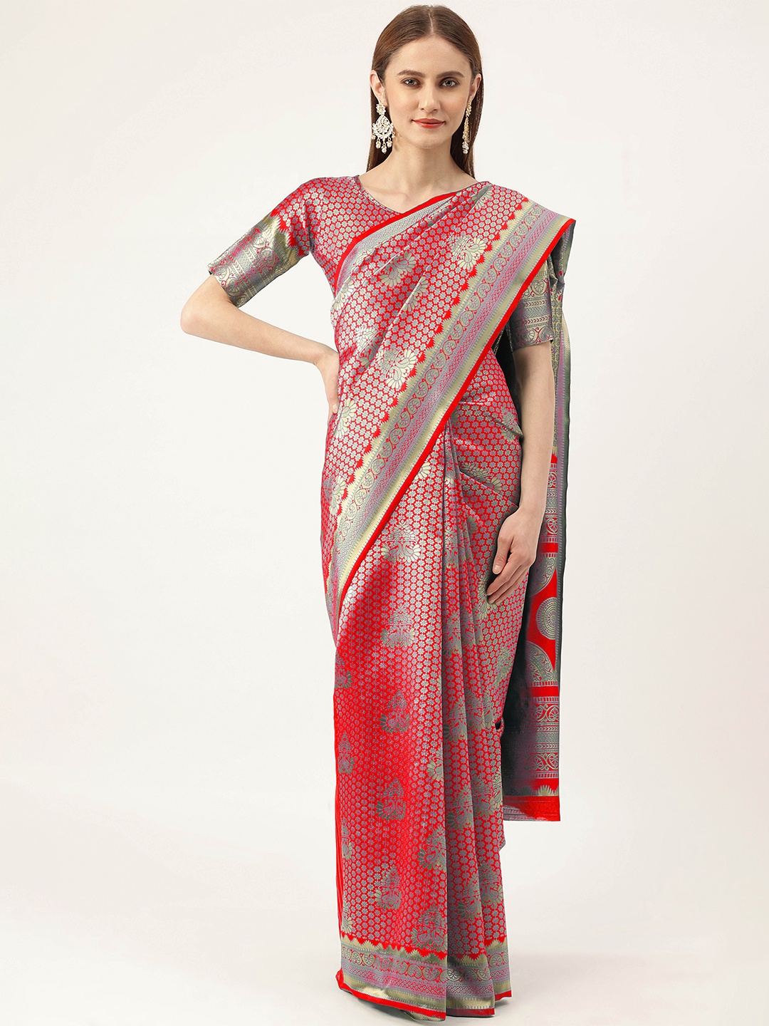 

Maroosh Woven Design Banarasi Saree With Zari Border, Red