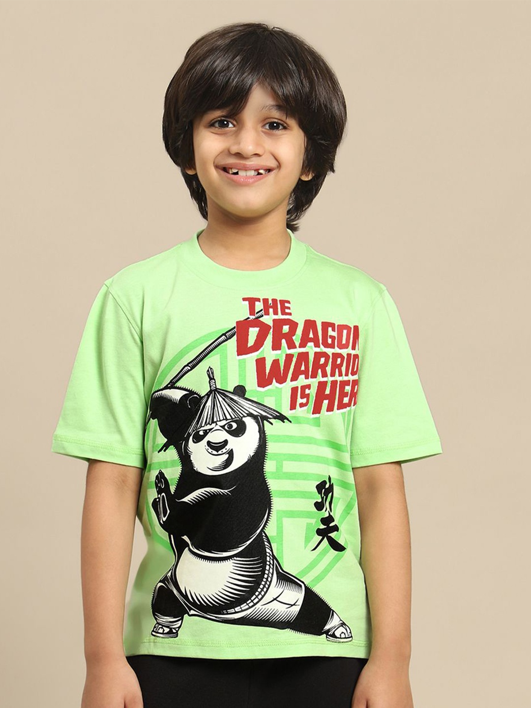 

Kids Ville Boys Kung Fu Panda Graphic Printed Pure Cotton Oversized Tshirt, Green