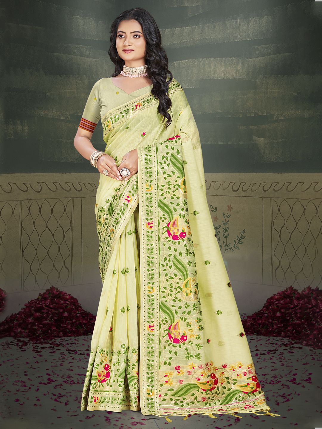 

SANGAM PRINTS Ethnic Motifs Woven Design Zari Tussar Saree, Green