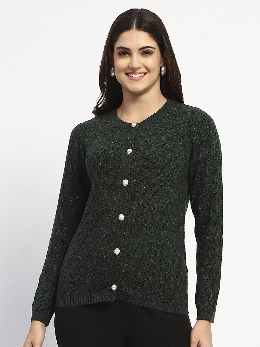 

Madame Women Cable Knit Self Design Front-Open Sweater, Green