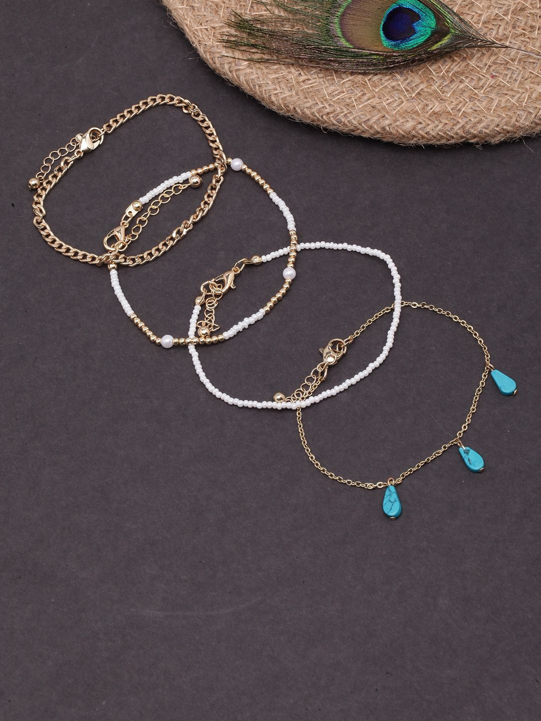 

KPOP Set Of 4 Brass Gold-Plated Stone Studded & Beaded Charm Bracelets
