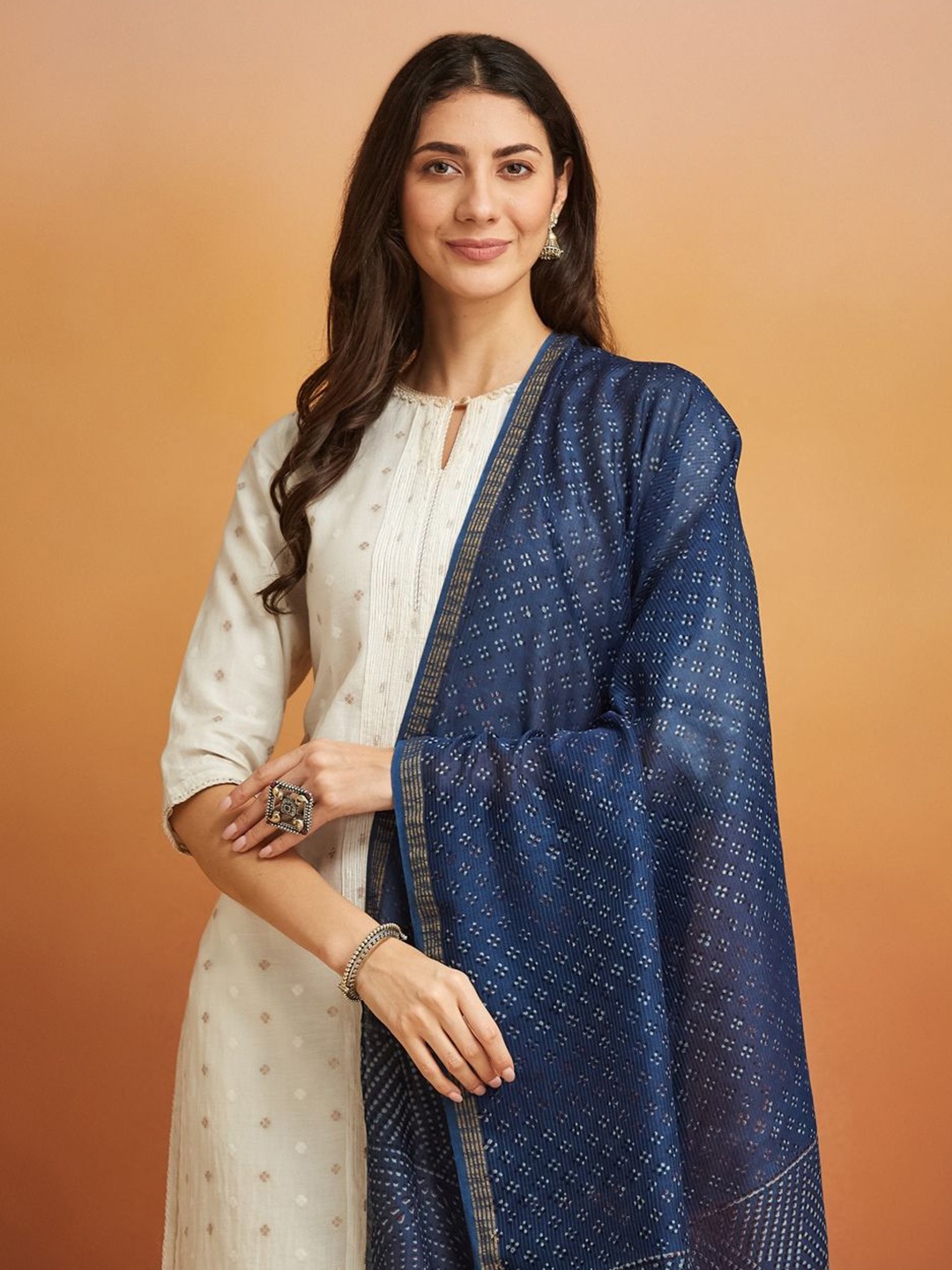 

Fabindia Ethnic Motifs Printed Cotton Silk Dupatta, Blue