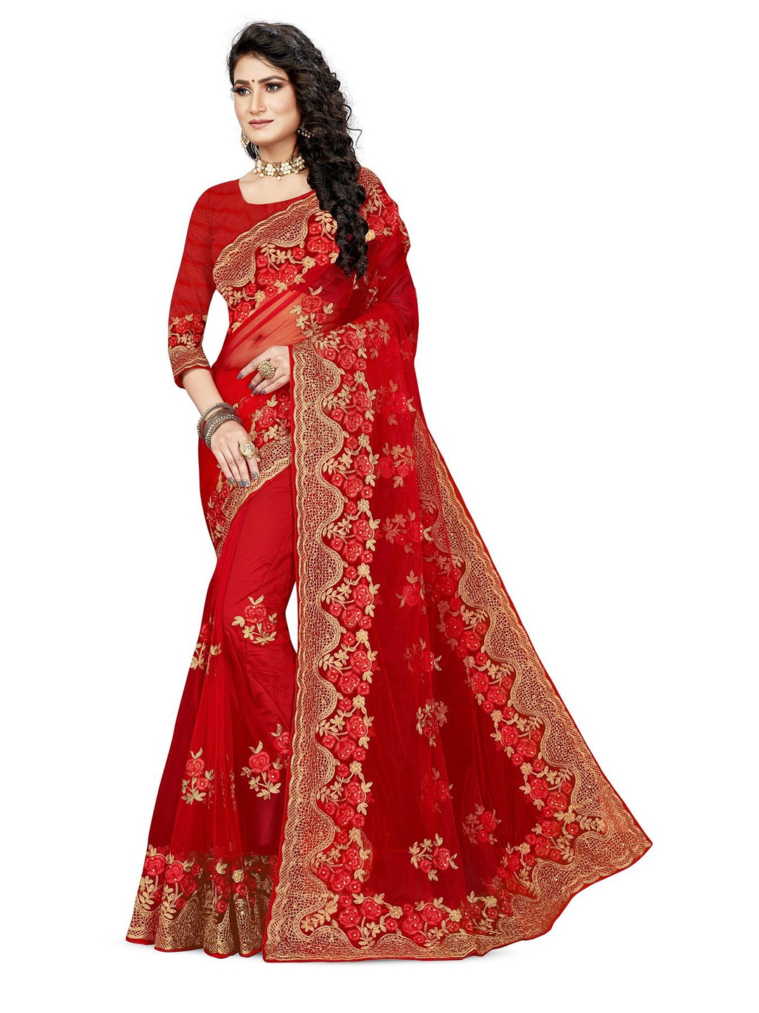 

Maroosh Floral Beads and Stones Net Saree, Red