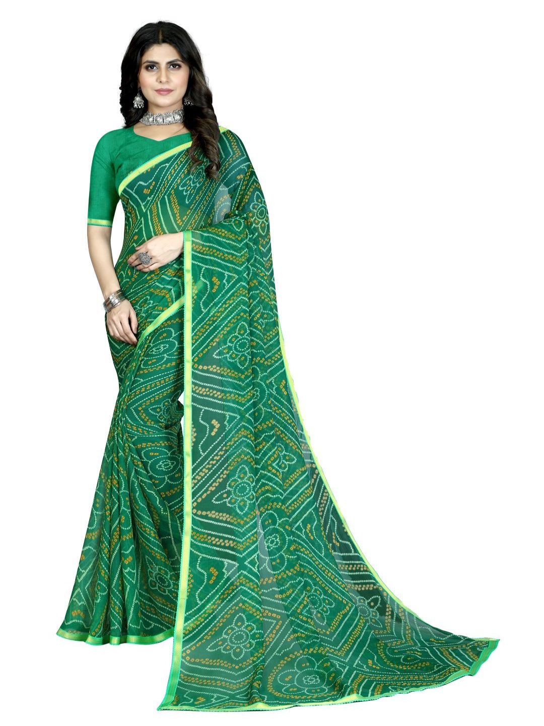 

Anouk Printed Zari Bandhani Saree, Green
