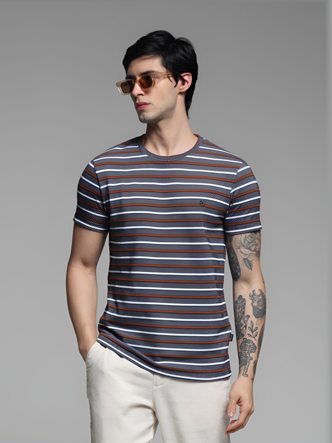 

Jack & Jones Men Striped Round Neck Cotton T-shirt, Grey