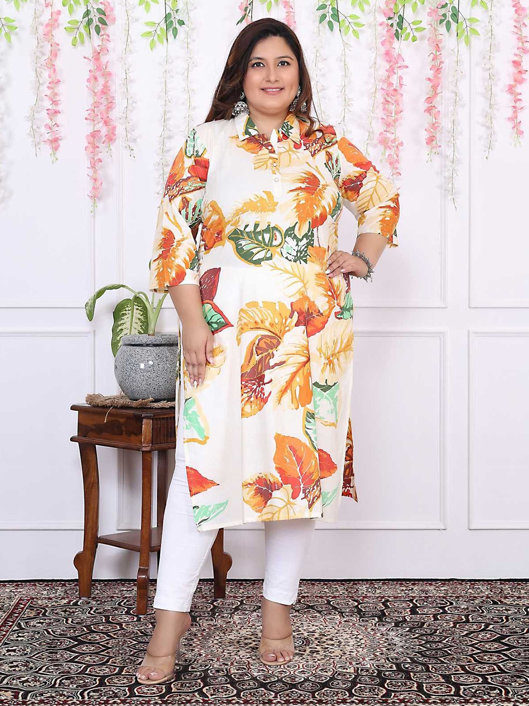 

FLAVIA CREATION Plus Size Ethnic Motifs Printed Shirt Collar Pure Cotton Straight Kurta, White