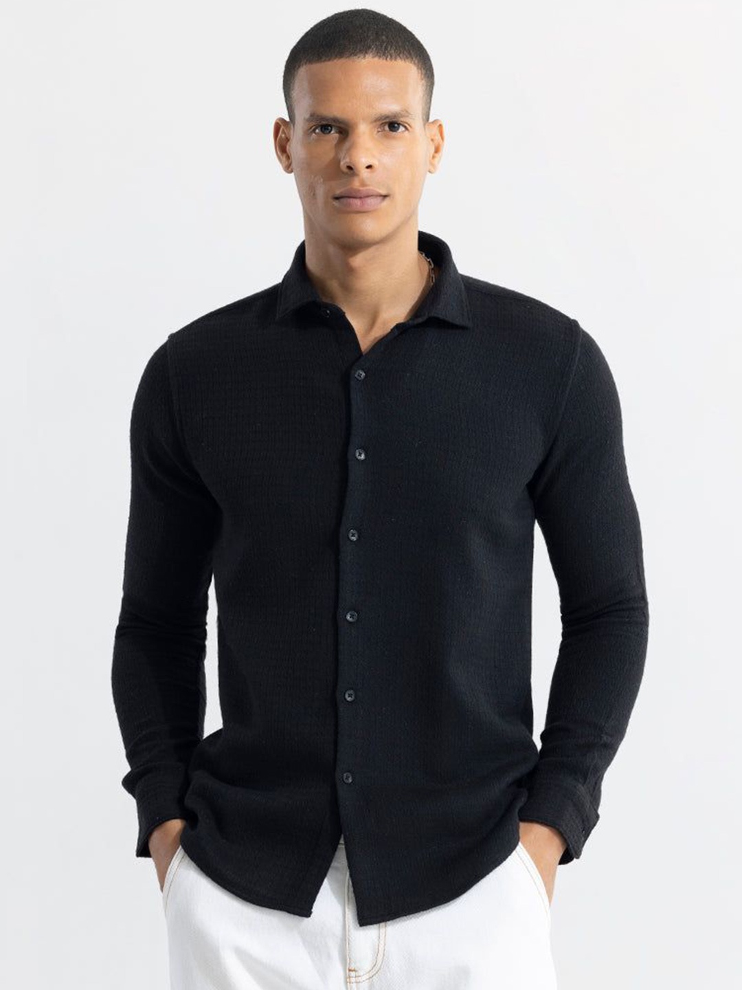 

Snitch Men New Spread Collar Textured Cotton Casual Shirt, Black