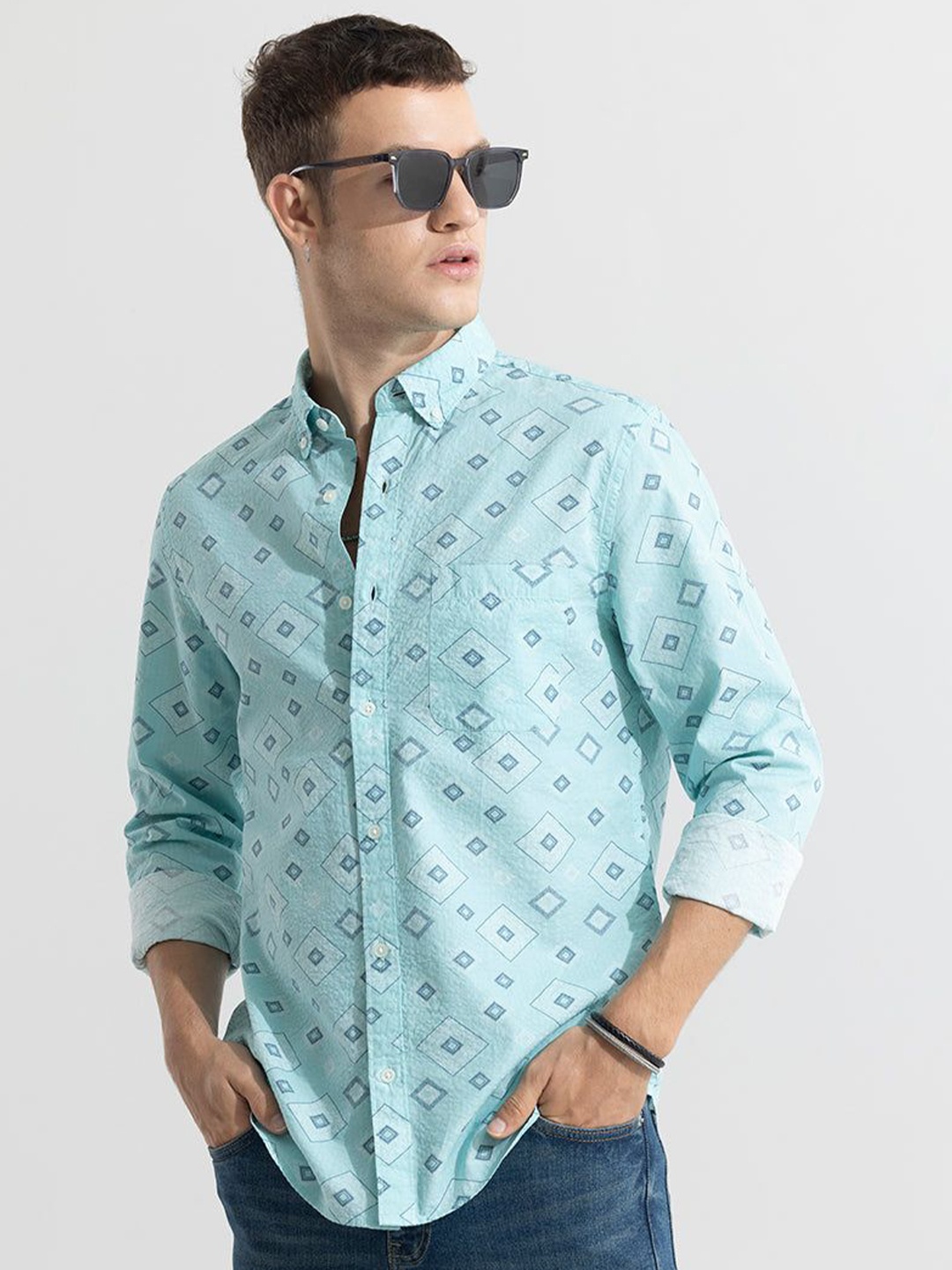 

Snitch Men New Button-Down Collar Floral Printed Cotton Slim Fit Casual Shirt, Blue