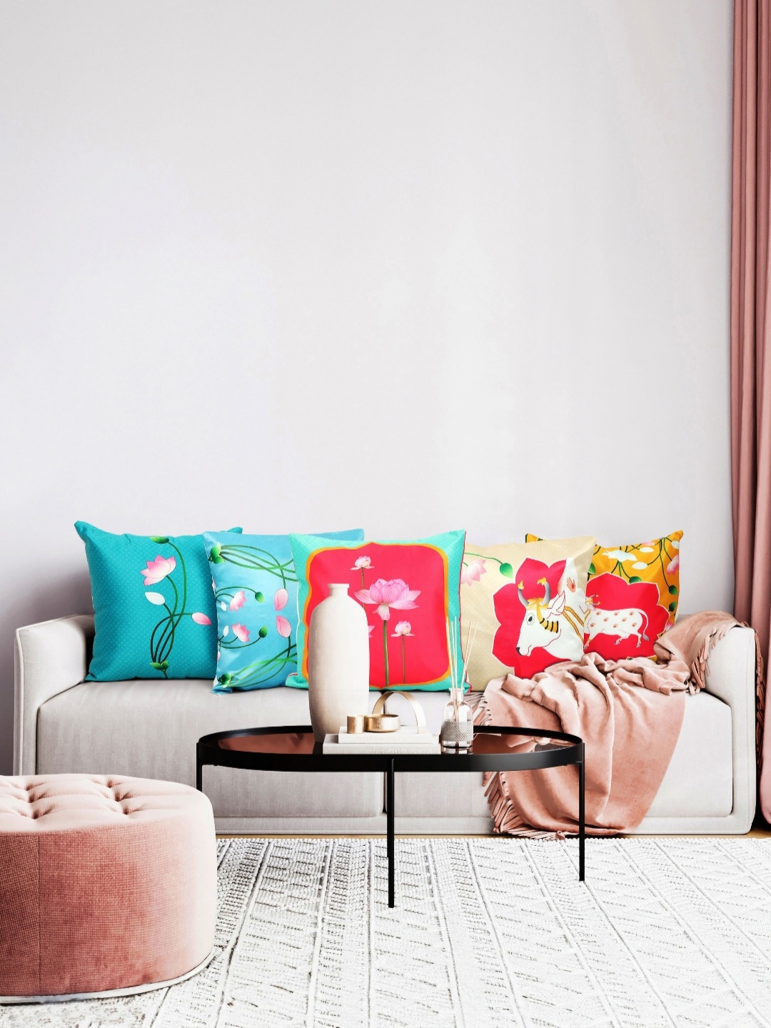

Vendola Blue & Pink 5 Pieces Floral Printed Square Shaped Cushion Covers