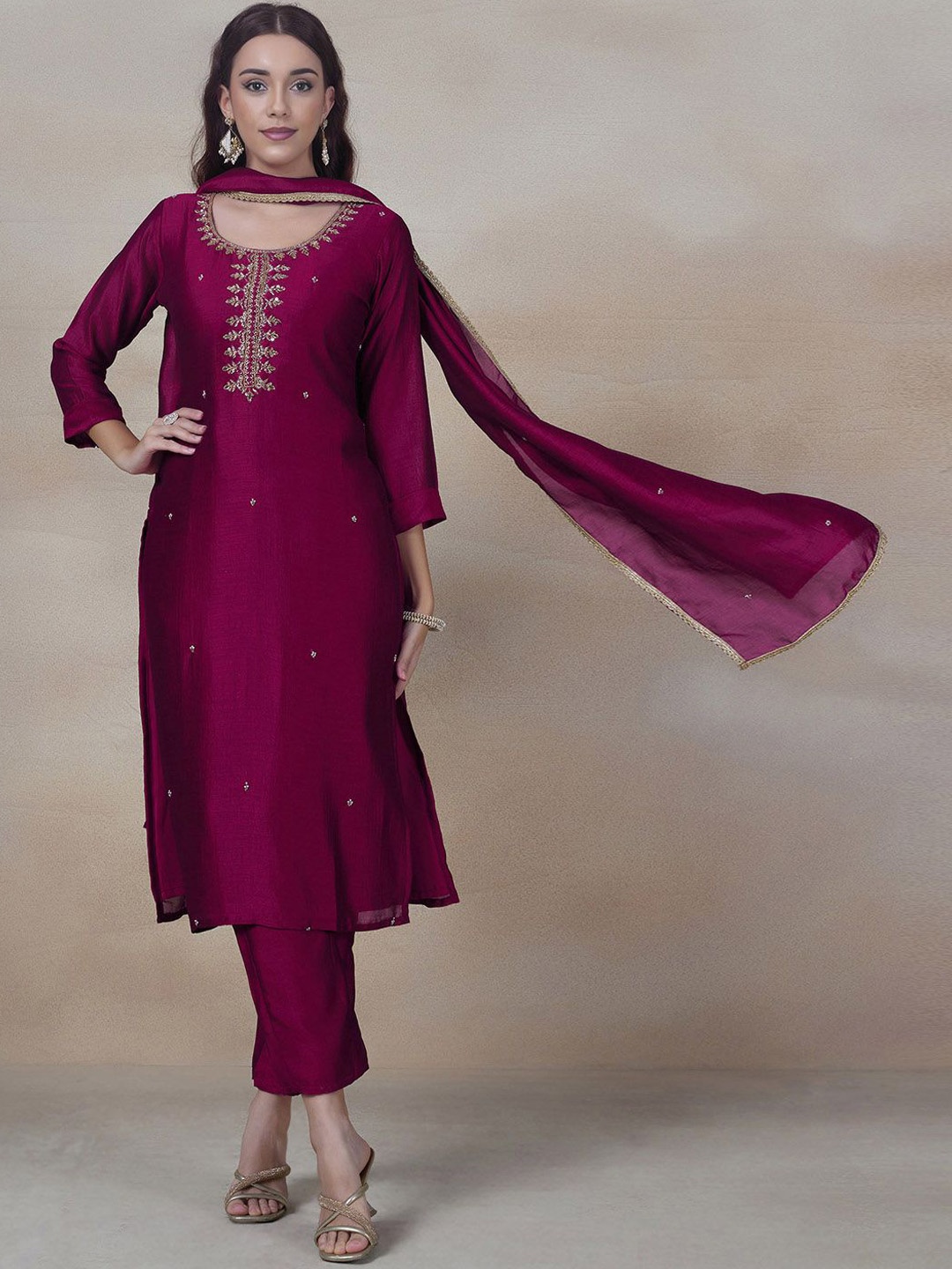 

Rang by Indya Women Ethnic Motifs Embroidered Regular Kurta with Trousers & With Dupatta, Maroon