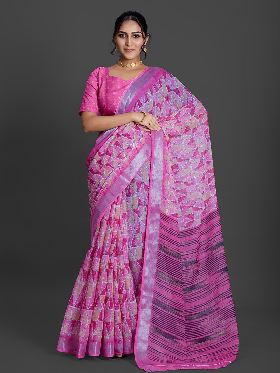 

NIRMAL CREATION Abstract Printed Zari Saree With Blouse Piece, Pink