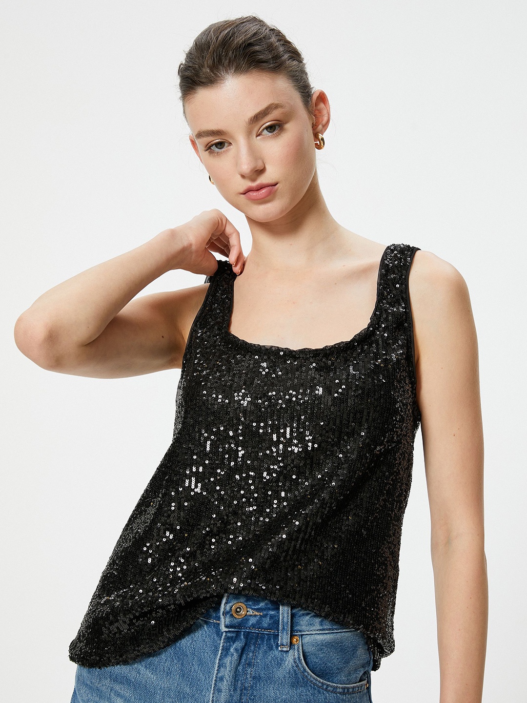 

Koton Women Embellished Square Neck Top, Black