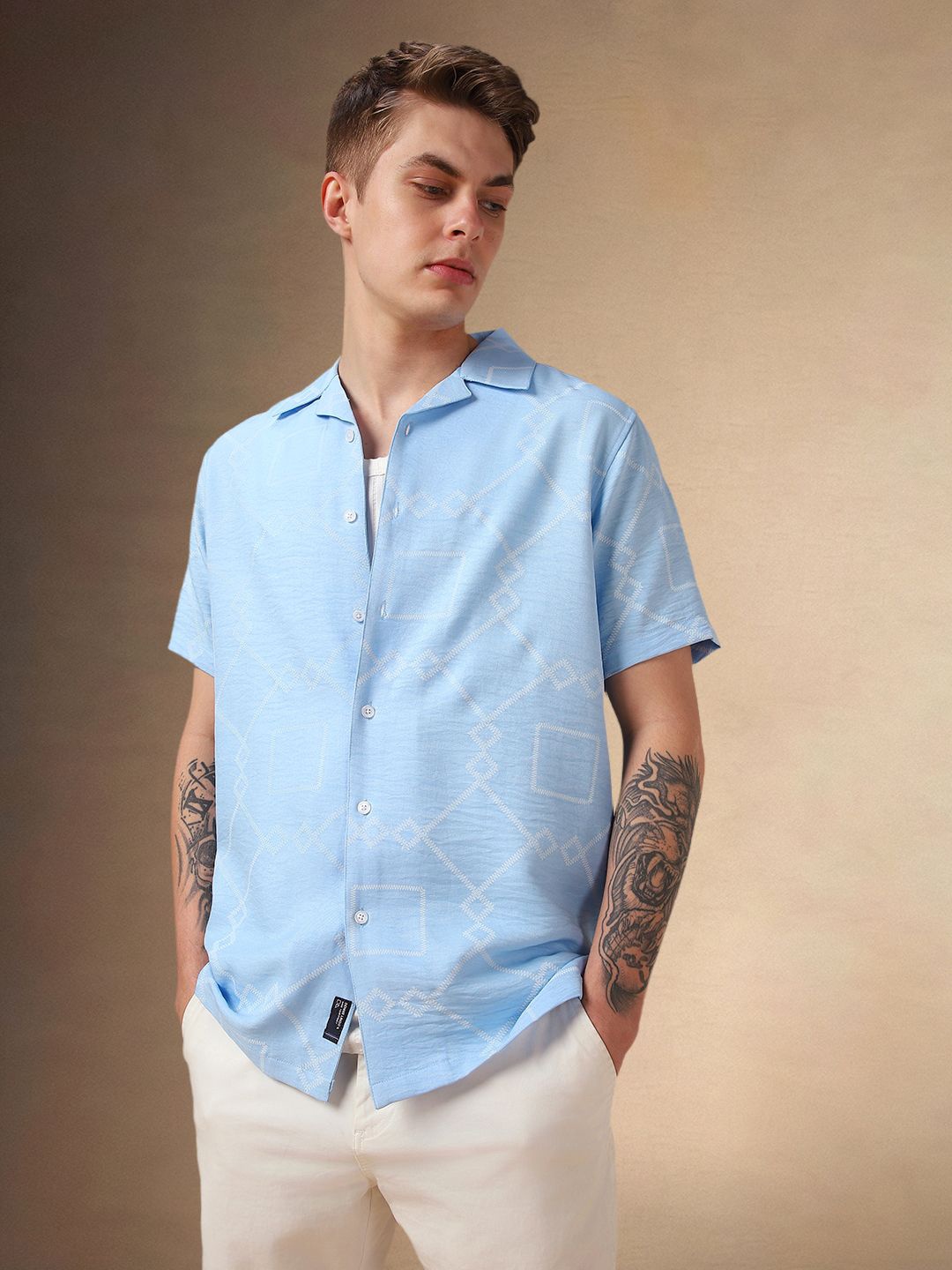 

Dennis Lingo Men Cuban Collar Geometric Printed Relaxed Fit Casual Shirt, Blue