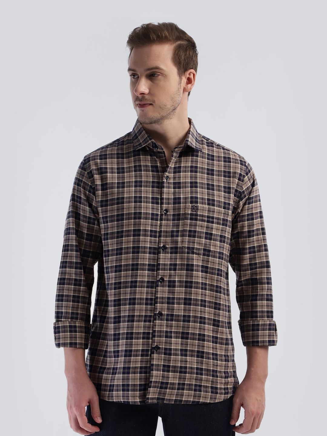 

OFFCUTS Men Comfort Spread Collar Tartan Checked Cotton Casual Shirt, Brown
