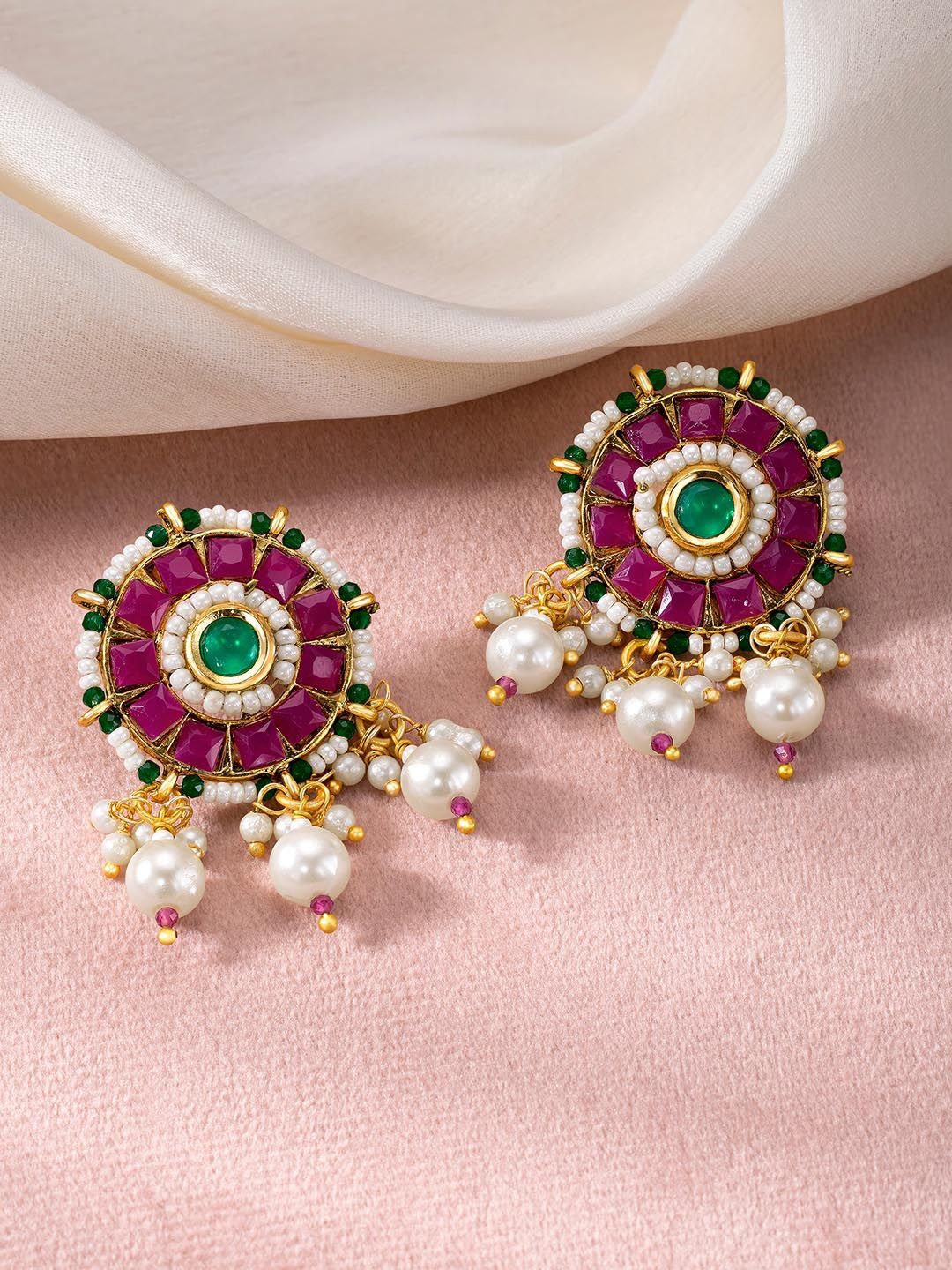 

Peora Gold-Plated Beaded & Stone Studded Drop Earrings, Pink