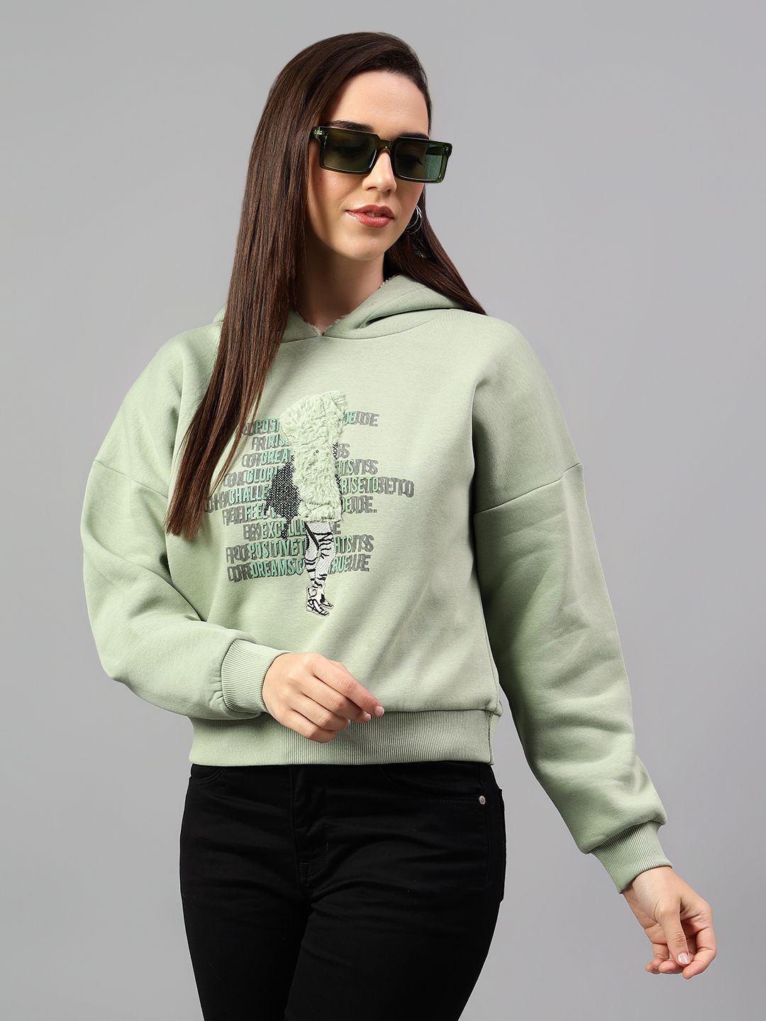 

Cantabil Women Typography Printed Hood Fleece Pullover Ribbed Sweatshirt, Sea green