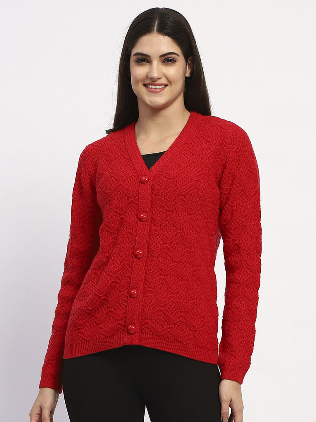 

Madame Women Self Design Cable Knit Cardigan, Red