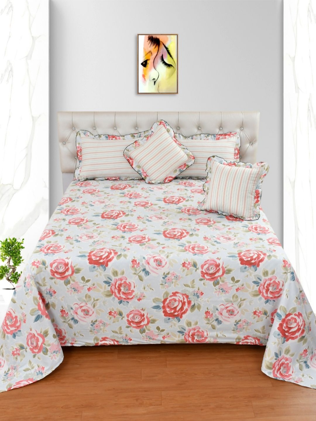 

MORADO White & Red Floral Double Queen Superfine Bedding Set