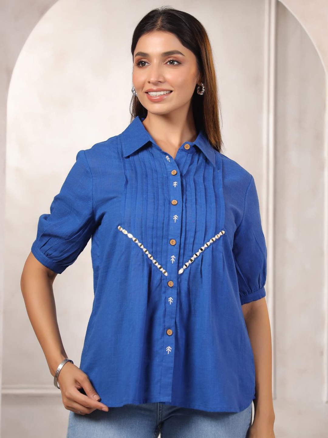 

LYFJ Women Self Design Shirt Collar Cotton Top, Blue