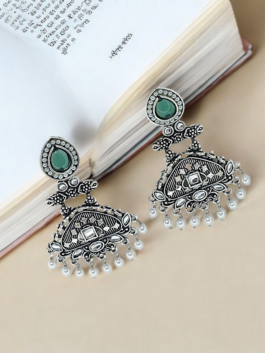 

9blings Silver Plated Artificial Stones & Beads Studded Contemporary Drop Earrings