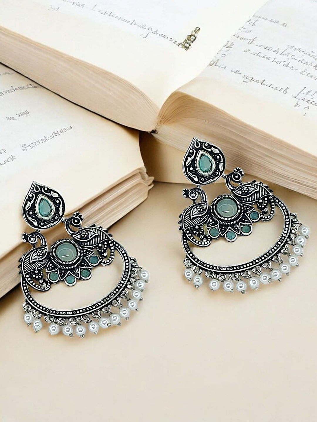 

9blings Silver Plated Artificial Stones & Beads Studded Peacock Shaped Drop Earrings