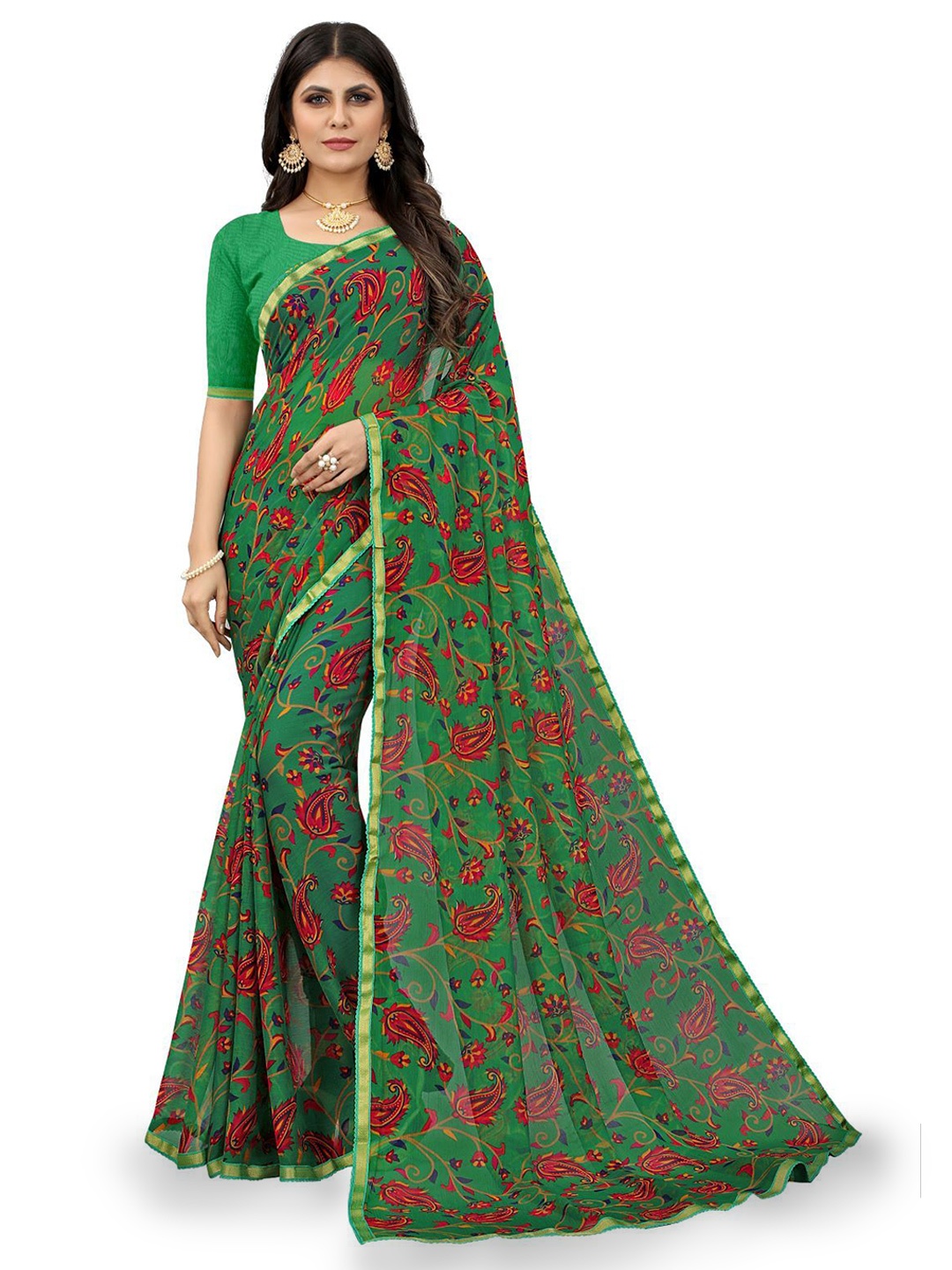 

Anouk Floral Zari Saree, Green