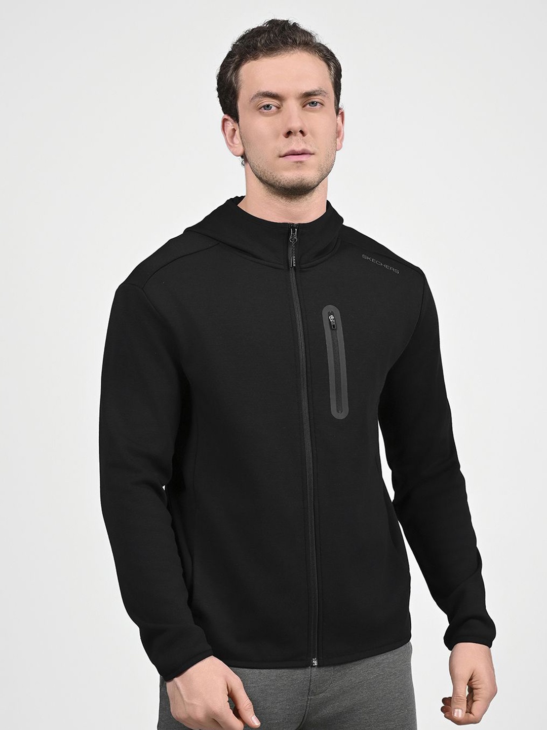 

Skechers Men Solid Hood Cotton Front-Open Sweatshirt, Black