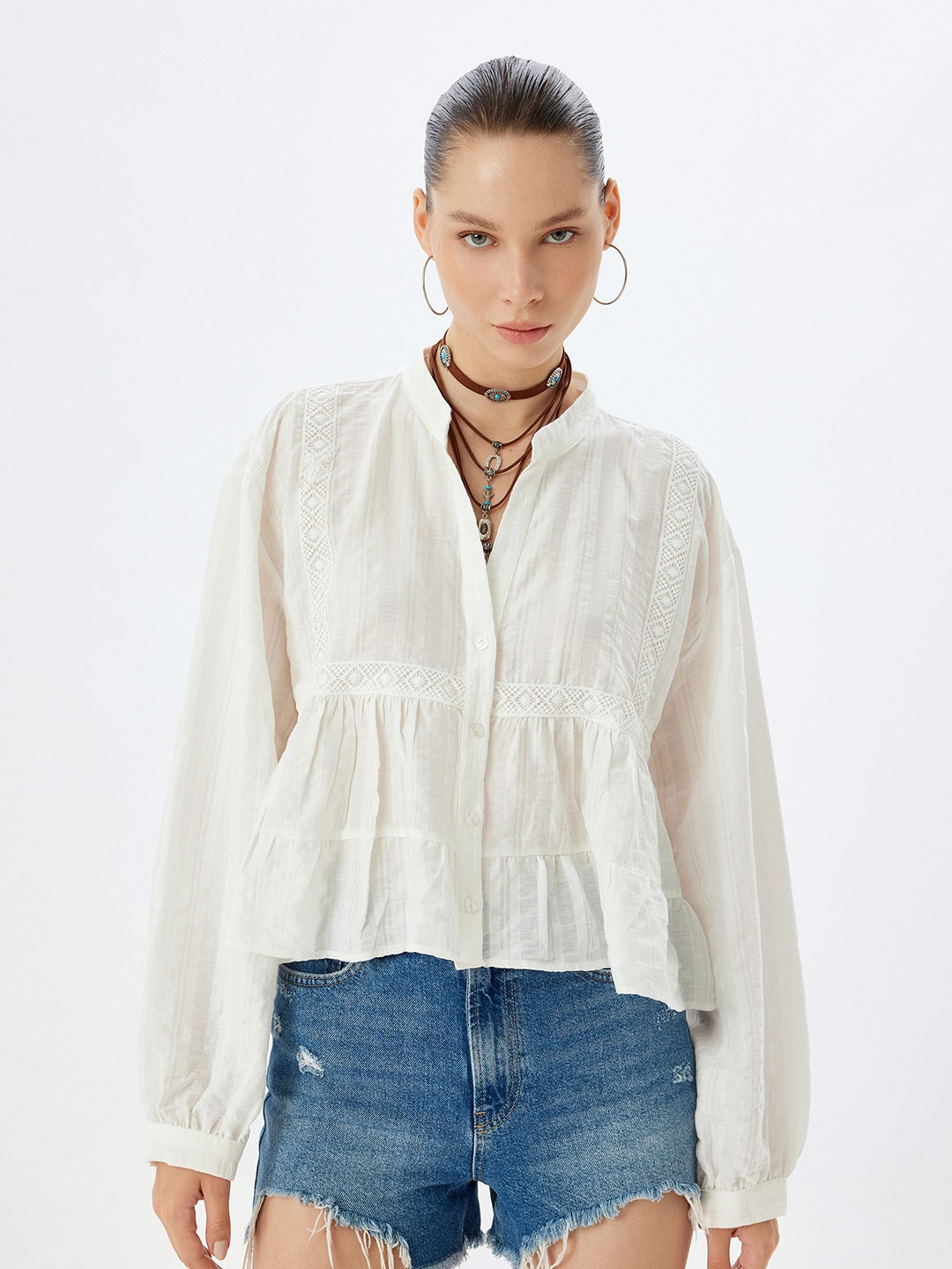 

Koton Women Self Design Mandarin Collar Cotton Top, White