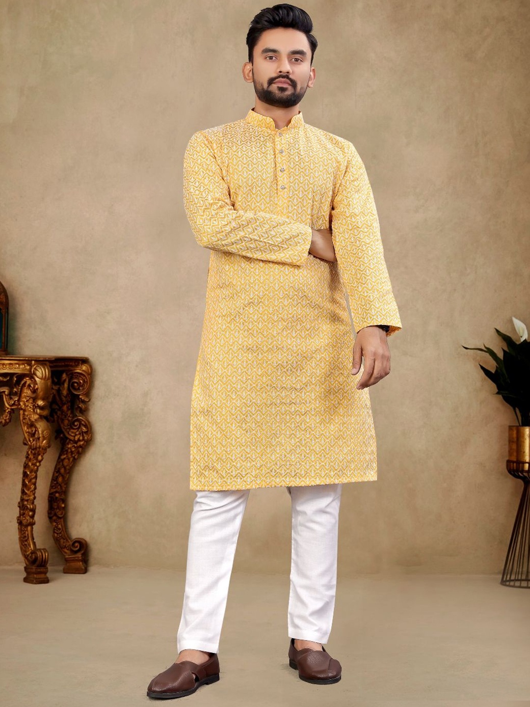 

Zurika Fashion Men Chikankari Embroidered Straight Kurta, Yellow