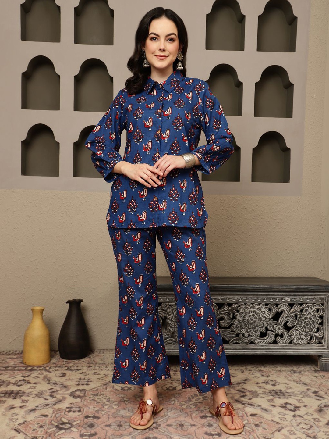 

BANDIA Peacock Printed Shirt & Trouser Co-ord Set, Blue