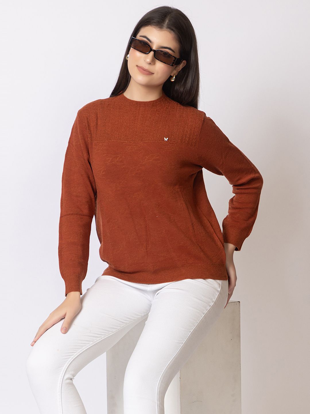 

GFO Women Self Design Woollen Sweater, Rust
