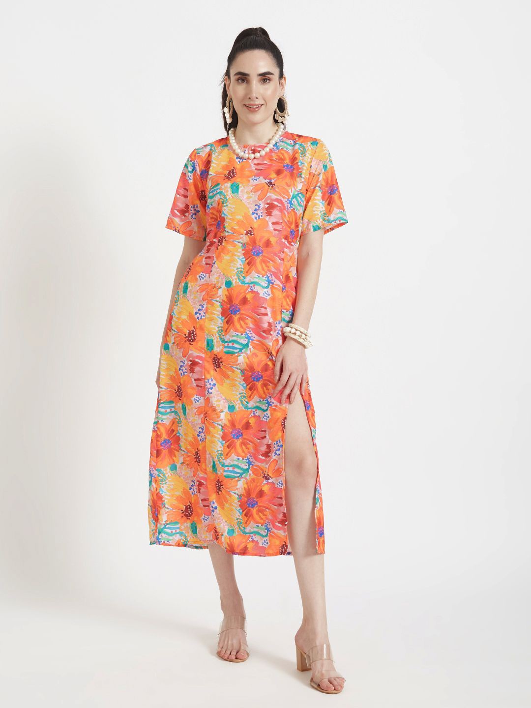 

AMSWAN Women Floral Printed Midi Dress, Orange