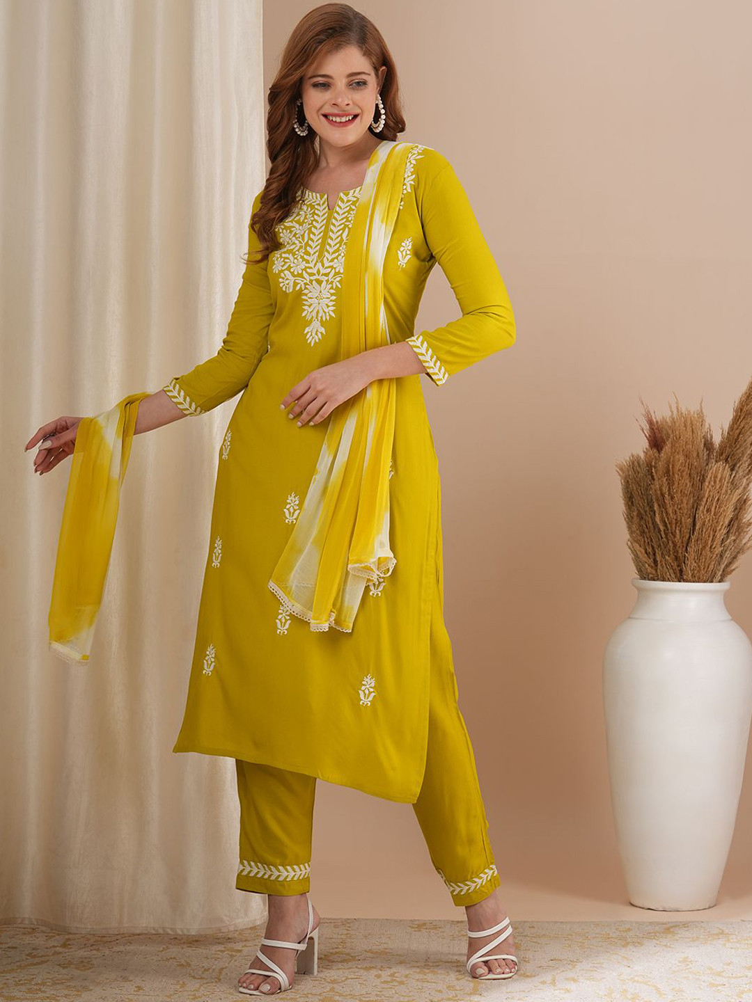 

FASHOR Women Kurta with Trousers & Dupatta set, Yellow