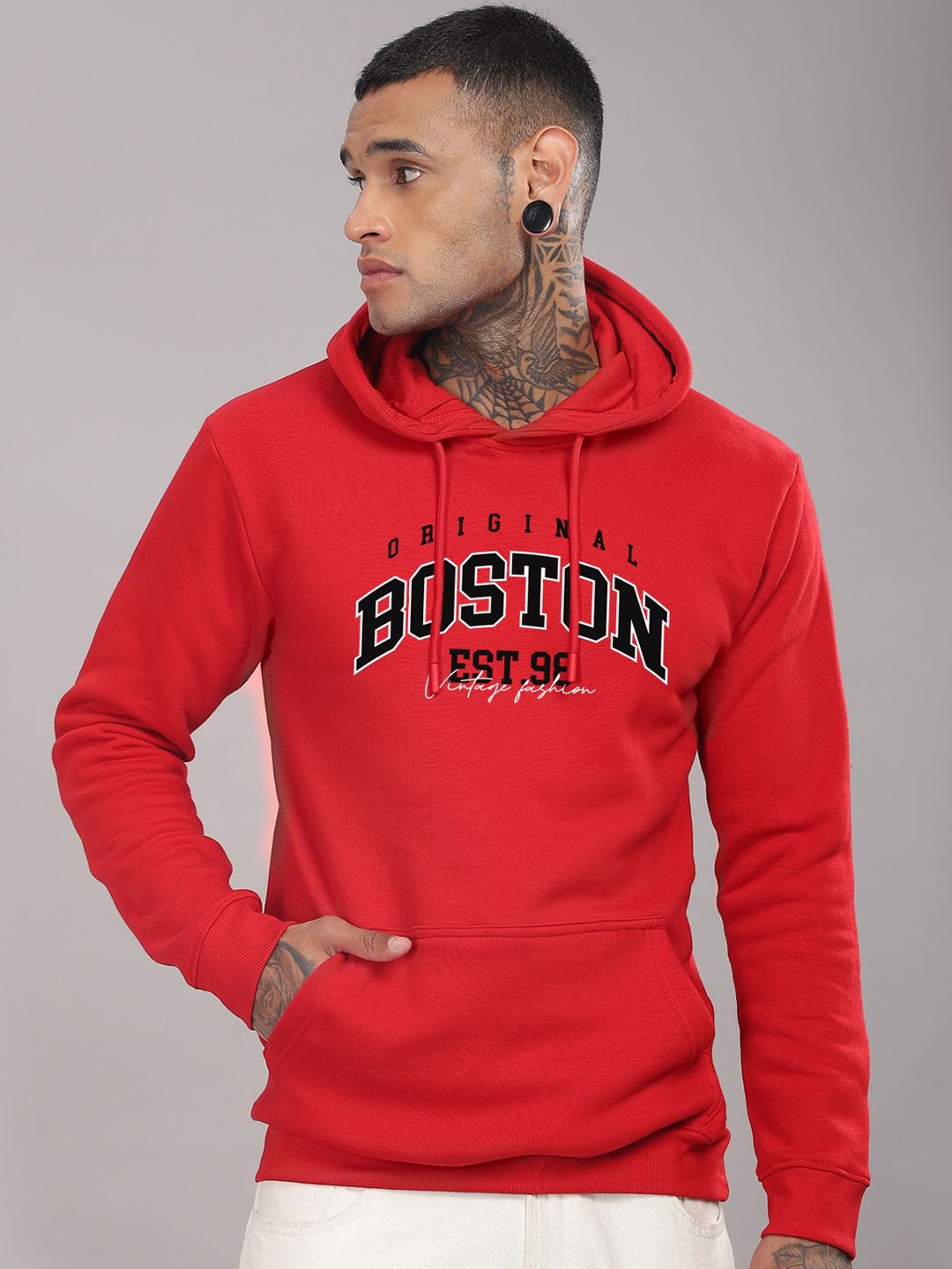 

ADRO Men Typography Printed Hood Cotton Pullover Ribbed Sweatshirt, Red