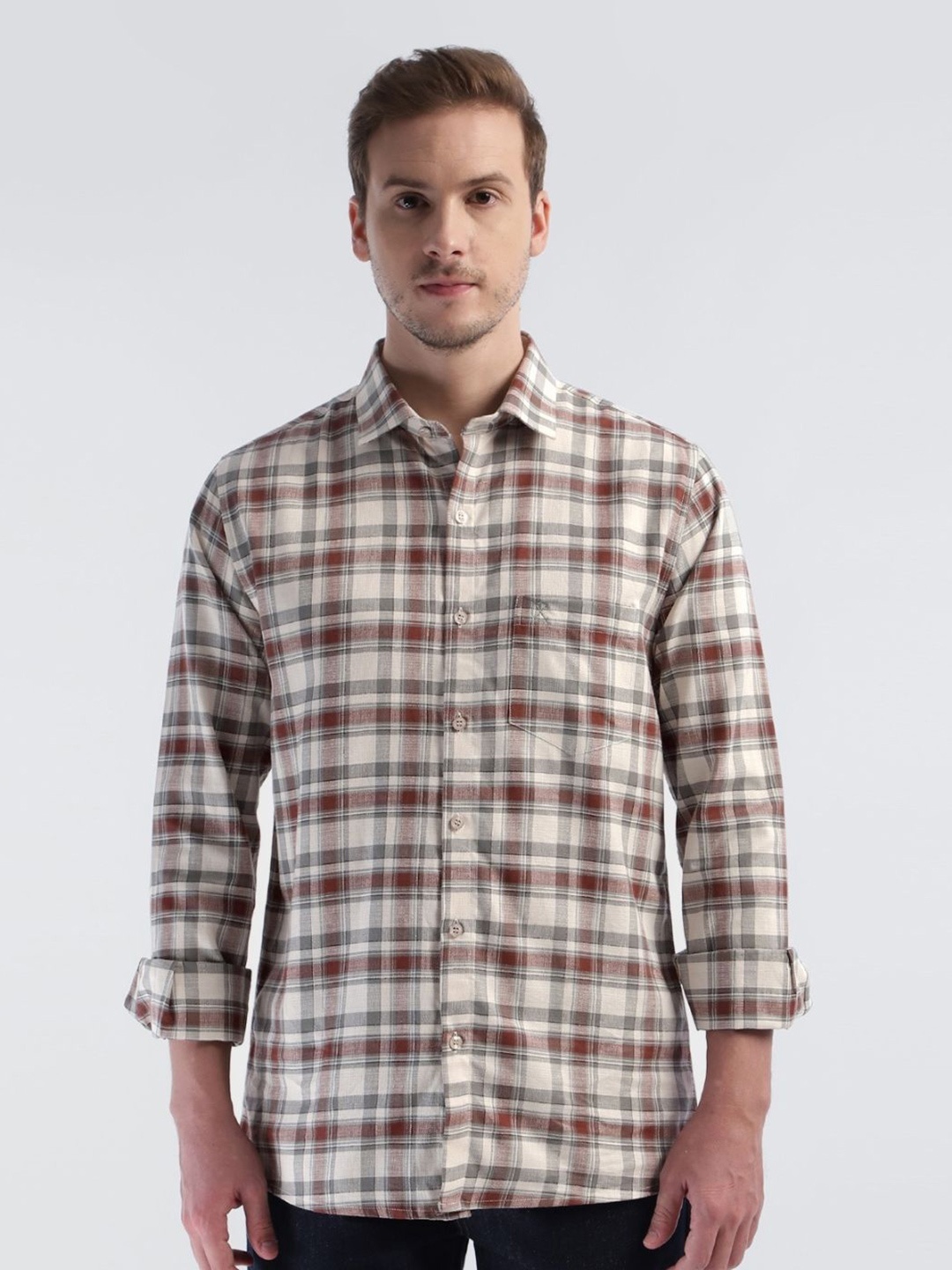 

OFFCUTS Men Comfort Spread Collar Tartan Checked Cotton Casual Shirt, Brown